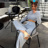 Knitted set women's round neck crop top, flared lace up pants two-piece set
