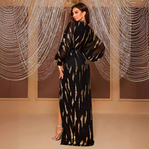 Sparkling lantern sleeves V-neck elegant light luxury evening gown for women - MGT618