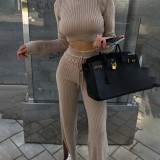 Knitted set women's round neck crop top, flared lace up pants two-piece set