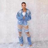 Denim jacket women's fashion pearl chain handmade nail bead denim jacket