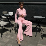 Knitted set women's round neck crop top, flared lace up pants two-piece set