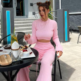 Knitted set women's round neck crop top, flared lace up pants two-piece set