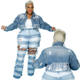 Jacket for foreign trade plus size women's clothing with ripped tassels, washed long sleeved denim jacket