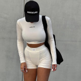 JY22411 Knitted Round Neck Long Sleeve Three Part Shorts Two Piece Set for Women
