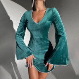 Long sleeved dress with V-neck and flared sleeves, cinched waist