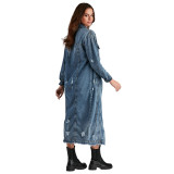 5527 # Women's ripped long sleeved denim trench coat, cardigan, denim cape