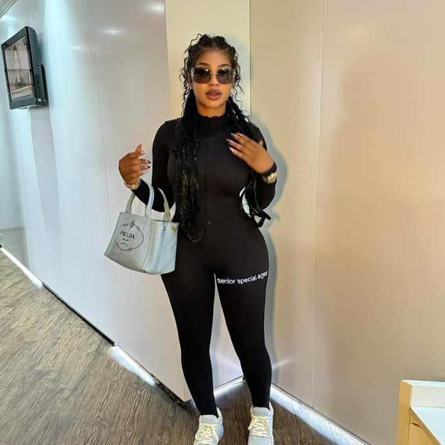 XY24412 Zipper Tight Sports Fitness Fashion Long Sleeve Half High Collar jumpsuit