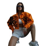 Graffiti letter denim jacket women's autumn polo collar short button jacket top