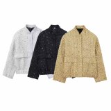 Women's street fashion gold bead embellished jacket pocket jacket