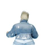 Jacket for foreign trade plus size women's clothing with ripped tassels, washed long sleeved denim jacket