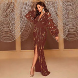Sparkling lantern sleeves V-neck elegant light luxury evening gown for women - MGT618