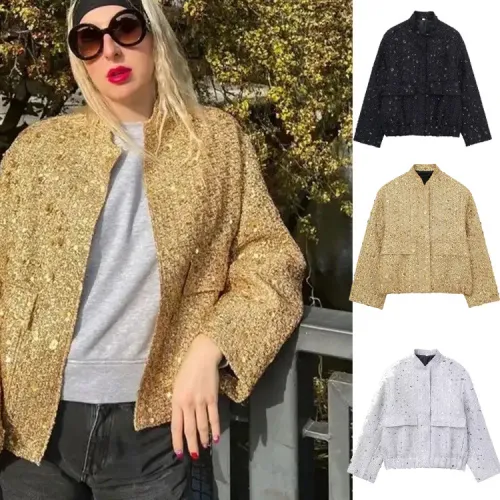 Women's street fashion gold bead embellished jacket pocket jacket