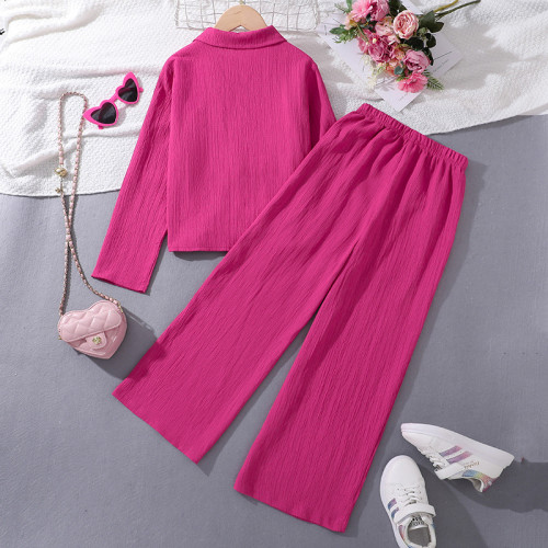 Girls' two-piece lapel long sleeved shirt, high waisted pants