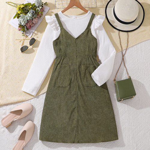 Corduroy Strap Skirt Long Sleeve Knitted Shirt Set