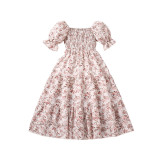 Mother daughter parent-child dress with bubble sleeves and floral princess skirt, children's dress