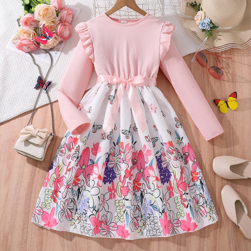 Long sleeved pit striped flower butterfly print dress