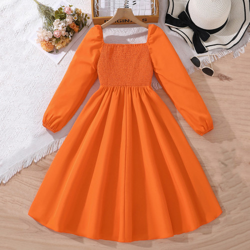 9-12-year-old autumn children's clothing square collar long sleeved dress