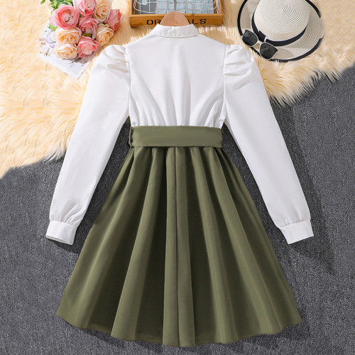 Girls' dress with lapel, long sleeved patchwork, large skirt, princess skirt