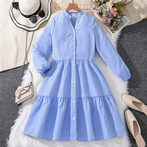 Women's clothing autumn new long sleeved plaid stand up collar shirt dress