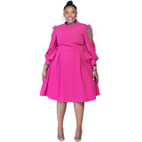 N8045 polka dot mesh see through lantern sleeves waist cinched plus size dress