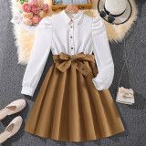 Girls' dress with lapel, long sleeved patchwork, large skirt, princess skirt