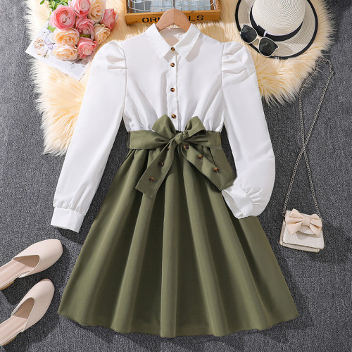 Girls' dress with lapel, long sleeved patchwork, large skirt, princess skirt