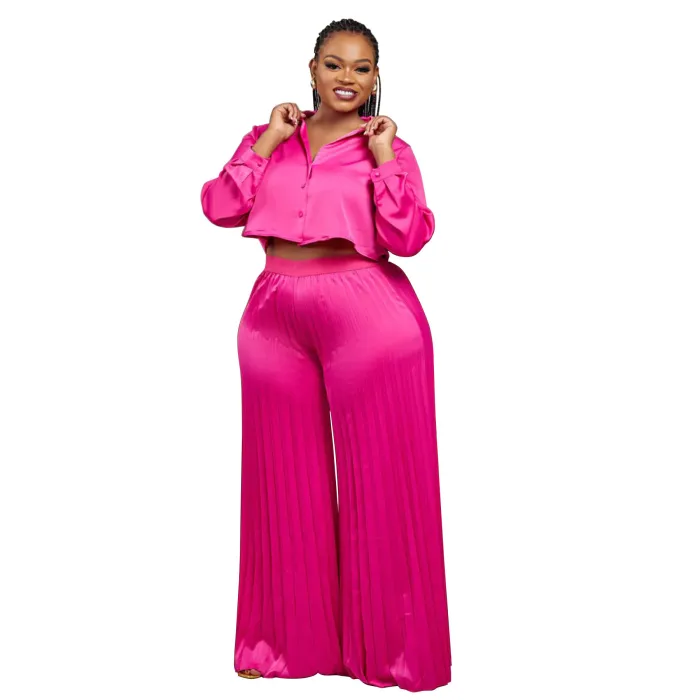 N8034 casual shirt top wide leg pants folded two-piece set for foreign trade