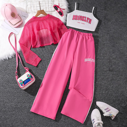 American retro mesh long sleeved letter camisole pants casual suit