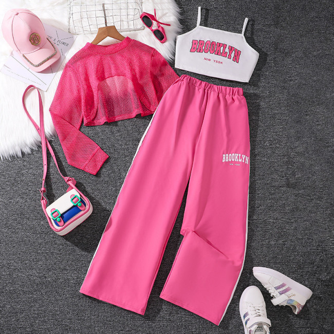 American retro mesh long sleeved letter camisole pants casual suit