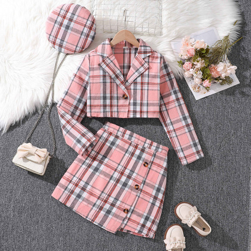 Girls' plaid suit long sleeved jacket+skirt+hat
