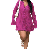 N8011   Skinny lace up skirt, flared long sleeved solid color dress