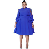 N8045 polka dot mesh see through lantern sleeves waist cinched plus size dress