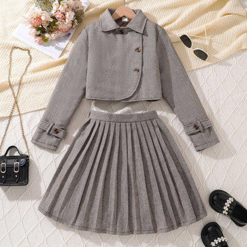 Girls' set long sleeved jacket+pleated skirt small fragrance style two-piece set