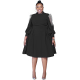 N8045 polka dot mesh see through lantern sleeves waist cinched plus size dress