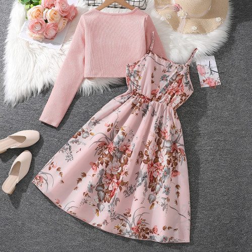 Sweet printed camisole princess dress long sleeved jacket set