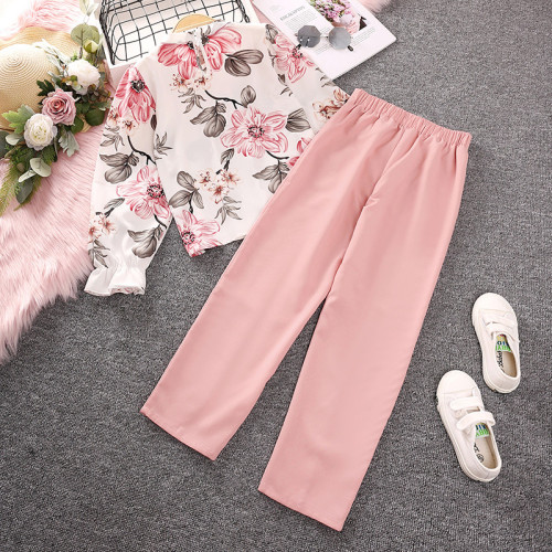 Mother and daughter parent-child outfit printed long sleeved top, long pants, mid size children's suit