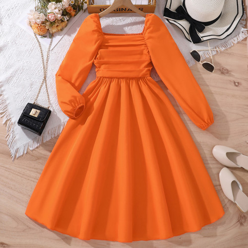 9-12-year-old autumn children's clothing square collar long sleeved dress