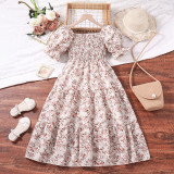 Mother daughter parent-child dress with bubble sleeves and floral princess skirt, children's dress