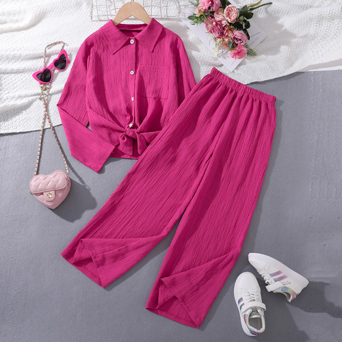 Girls' two-piece lapel long sleeved shirt, high waisted pants