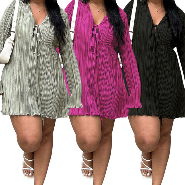 N8011   Skinny lace up skirt, flared long sleeved solid color dress