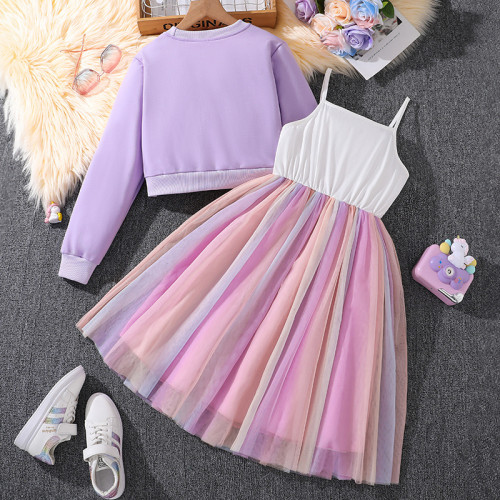 Girl's cartoon unicorn long sleeved hoodie with suspender and mesh dress set