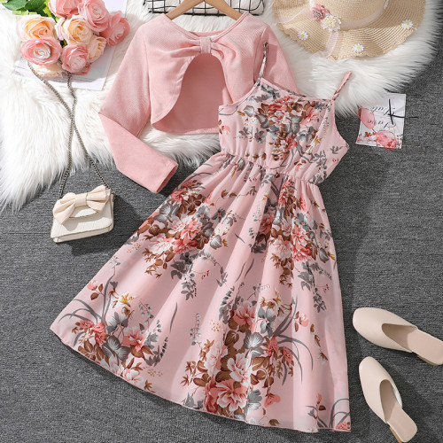 Sweet printed camisole princess dress long sleeved jacket set
