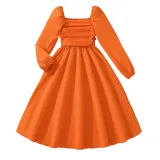 9-12-year-old autumn children's clothing square collar long sleeved dress