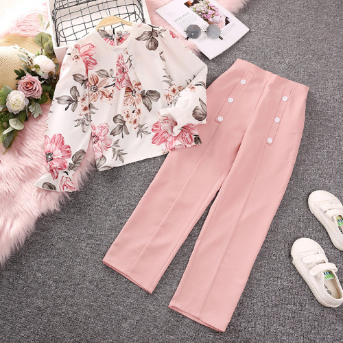 Mother and daughter parent-child outfit printed long sleeved top, long pants, mid size children's suit