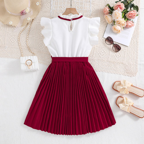 Flying sleeve princess style patchwork pleated dress for girls