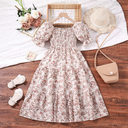 Mother daughter parent-child dress with bubble sleeves and floral princess skirt, children's dress