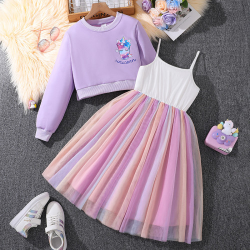 Girl's cartoon unicorn long sleeved hoodie with suspender and mesh dress set