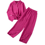 Girls' two-piece lapel long sleeved shirt, high waisted pants