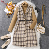 Children's clothing autumn and winter checkered vest jacket knitted long sleeved dress set