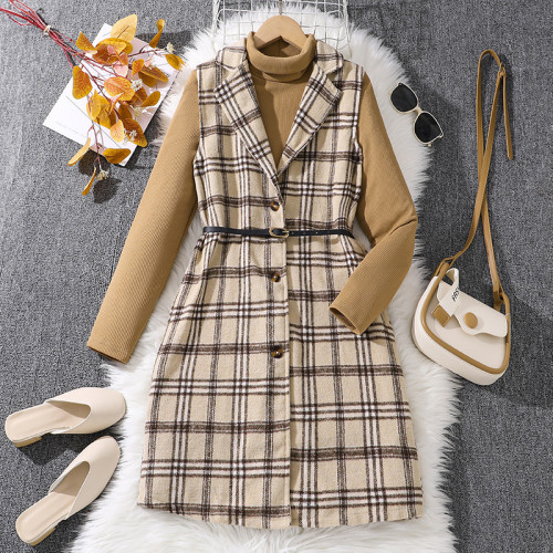 Children's clothing autumn and winter checkered vest jacket knitted long sleeved dress set